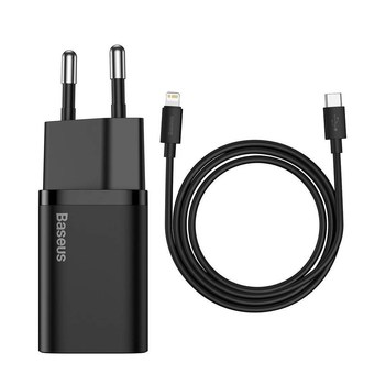 Baseus Super Si USB-C 20 W tinklo įkroviklis + Lightning laidas, juodas