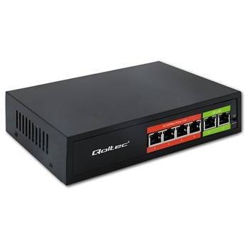 Qoltec 52289 GREITO Ethernet PoE KOMUTATORIUS | 4x RJ45 PoE | 2x RJ45 Uplink | 65 W | 10/100 Mb/s